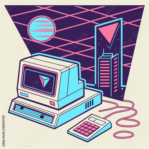 Retro Computer and Calculator with Futuristic City — A vintage CRT computer links to a calculator beside neon-lit towers and geometric shapes, blending nostalgia with sci-fi in vibrant vector style.