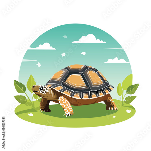 Russian Tortoise Flat Vector Illustration Featuring Serene Nature Elements.