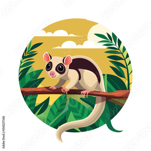 Sugar Glider Flat Vector Illustration Featuring Serene Nature Elements.