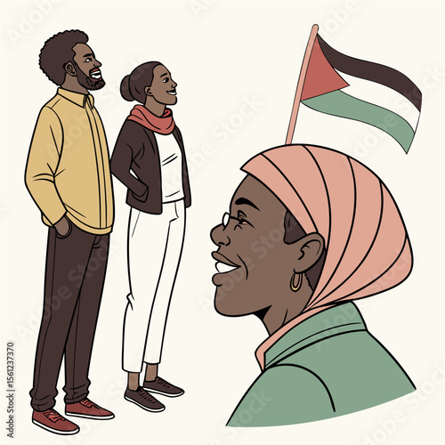 Diverse Characters with Flag and Forward Gaze — Three stylized people in colorful outfits stand facing right, symbolizing unity, cultural pride, and shared vision under a vibrant flag.