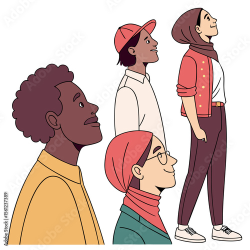 Diverse Group Facing Forward with Shared Vision — Three distinct characters in colorful outfits stand together and gaze ahead, symbolizing unity, purpose, and cultural pride in a bold modern vector.