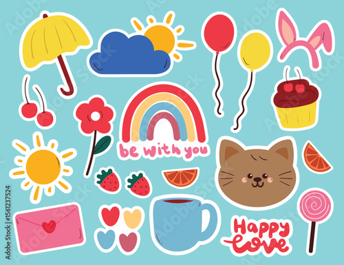 cute hand drawing cartoon cat with sky element and cute stuff sticker set. cute sticker for kids, journal