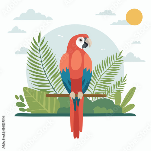 Scarlet Macaw Flat Vector Illustration Featuring Serene Nature Elements.