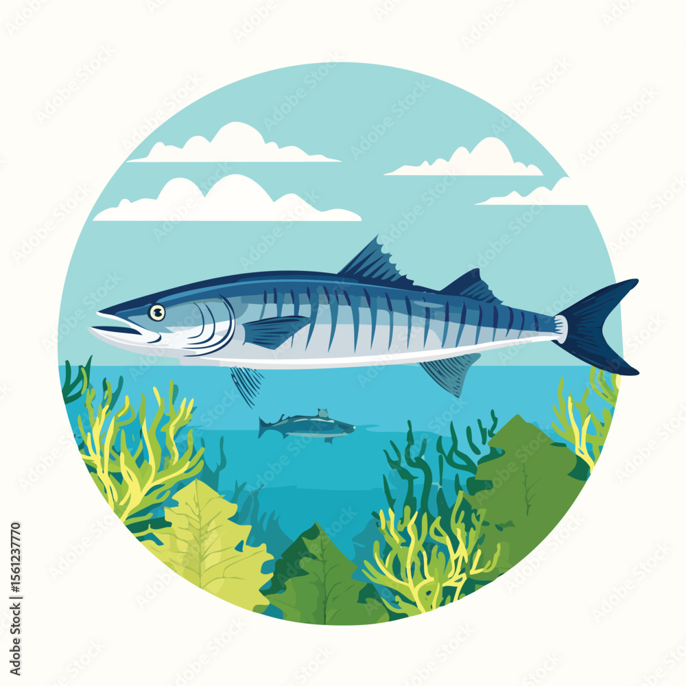 Fototapeta premium Barracuda Flat Vector Illustration Featuring Serene Nature Elements.