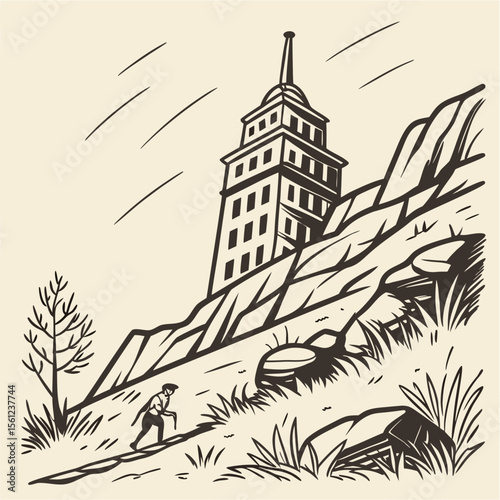 Man Climbing Hill Toward Tower — A black and white vector shows a lone figure ascending a steep rocky slope toward a tall building, evoking struggle, ambition, and perseverance in minimal line art.