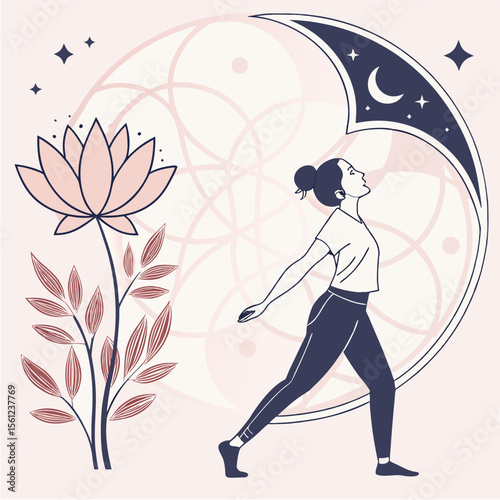 Stylized Woman with Lotus and Celestial Moon — A profile of a walking woman is framed by a pink lotus flower and a crescent moon with stars, blending nature and cosmos in a serene vector composition.