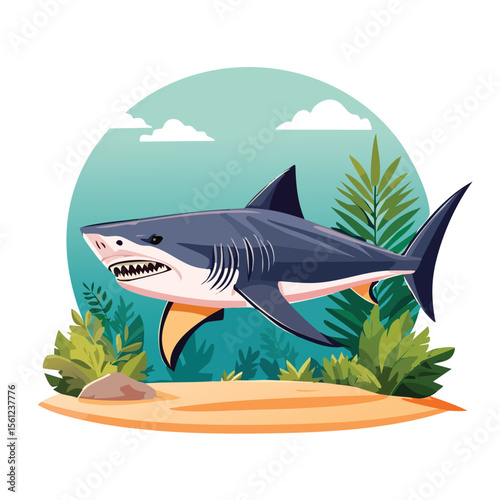 Tiger Shark Flat Vector Illustration Featuring Serene Nature Elements.