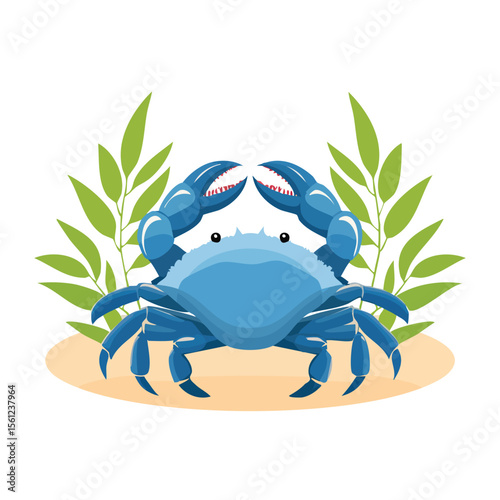 Blue Crab Flat Vector Illustration Featuring Serene Nature Elements.