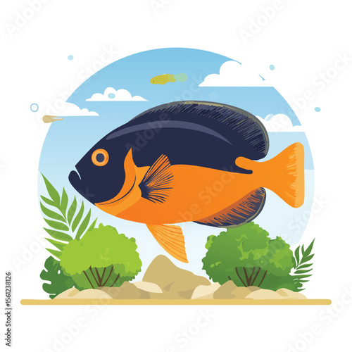 Oscar Fish Flat Vector Illustration Featuring Serene Nature Elements.