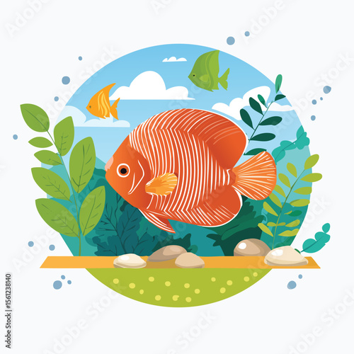 Discus Fish Flat Vector Illustration Featuring Serene Nature Elements.