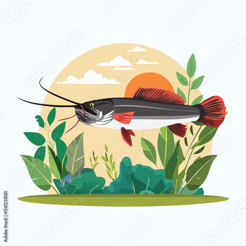 Redtail Catfish Flat Vector Illustration Featuring Serene Nature Elements.