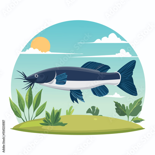 Electric Catfish Flat Vector Illustration Featuring Serene Nature Elements.
