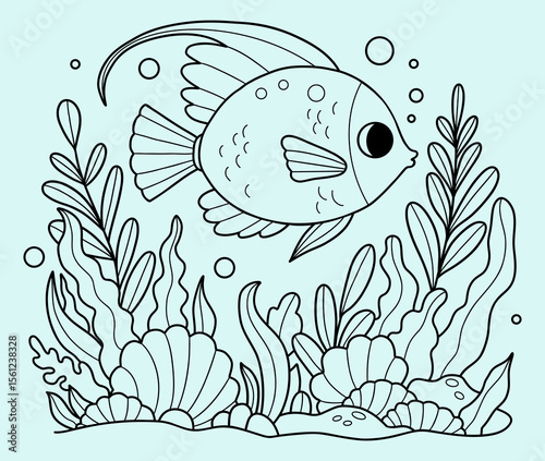 Beautiful tropical fish with algae and corals on seabed and Coral Reef. Coloring Page. Outline Line drawing. Vector illustration. Kids collection. Not AI