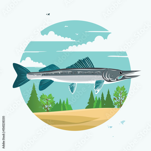 Gar Fish Flat Vector Illustration Featuring Serene Nature Elements.