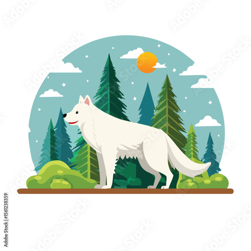 Arctic Wolf Flat Vector Illustration Featuring Serene Nature Elements.