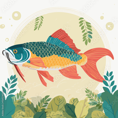 Asian Arowana Flat Vector Illustration Featuring Serene Nature Elements.
