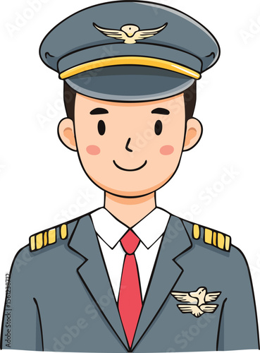 Smiling cartoon pilot in uniform, aviator cap, and wings.