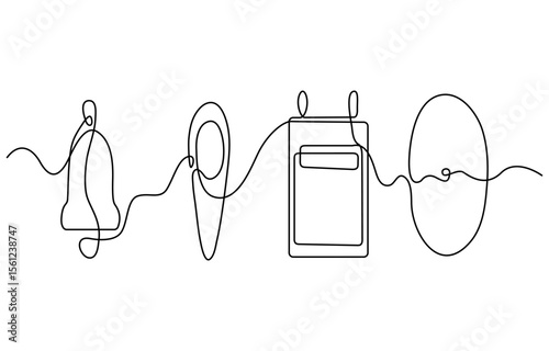 Clock, calendar, location marker, bell icon line continuous drawing vector. One line Web icons for notifications icon vector background. Work, time, geolocation sign icon. Continuous outline of a Busi
