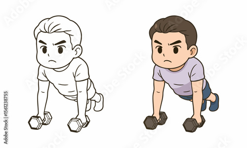 man training push up with dumbbell coloring page for kids