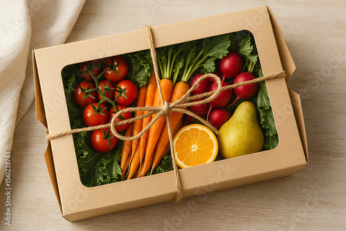 Cardboard gift box filled with fresh vegetables and fruits