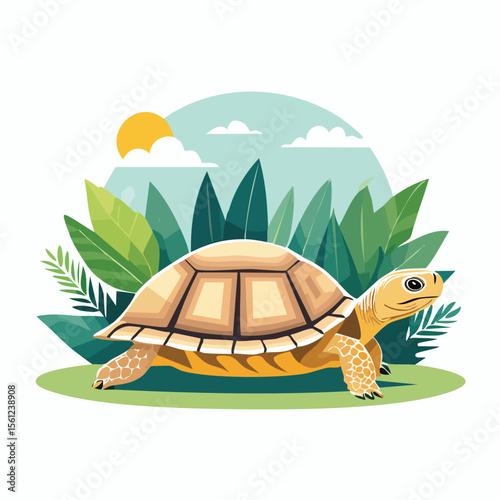 Sulcata Tortoise Flat Vector Illustration Featuring Serene Nature Elements.