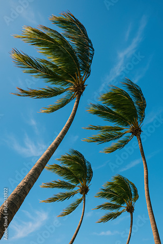 Palm trees swaying in the wind against a clear blue sky