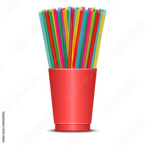 Many plastic drinking straws in a red cup isolated on white realistic 3d vector front view, vibrant assortment of colorful bar utensil, party accessory, celebration, and cocktails beverage.