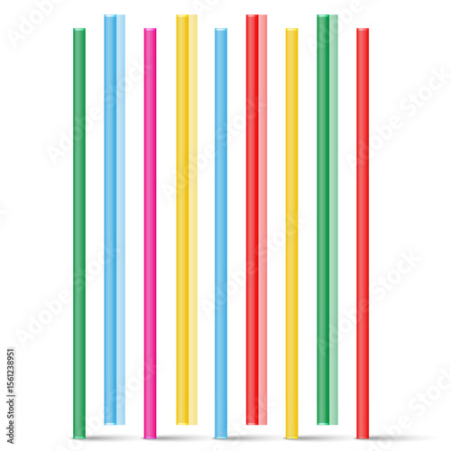 Bright vertical arrangement of colorful plastic 3d vector drinking straws with realistic transparency and glossy surface, representing beverage utensils, party supplies isolated on white background.