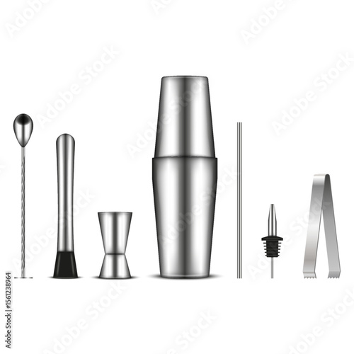 Stainless steel bartender tools kit: boston shaker, jigger, mixing spoon, muddler, pourer, metallic straw, ice tongs front view isolated on white realistic 3d vector objects set for cocktail mixing.