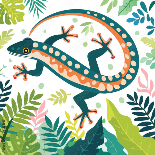 Tokay Gecko Flat Vector Illustration Featuring Serene Nature Elements.