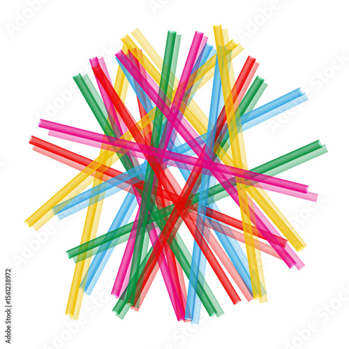 Colorful plastic straws randomly scattered in abstract pile formation 3d vector objects, beverage waste, party supplies, environmental concept with overlapping translucent tubes on white background.