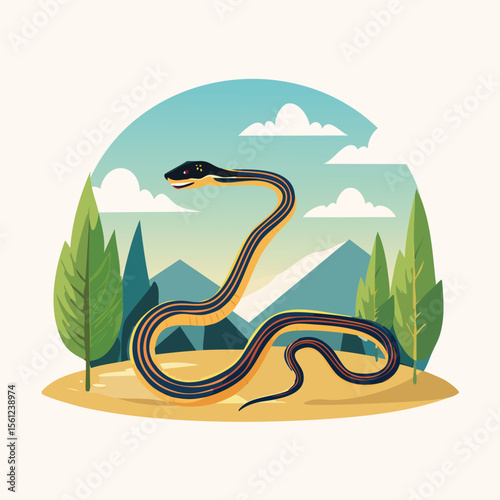 Garter Snake Flat Vector Illustration Featuring Serene Nature Elements.