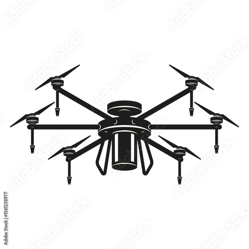Agricultural drone logo in isometric view with black silhouette vector illustration, for smart farming technology, aerial crop spraying, precision agriculture,  professional unmanned aerial vehicle.