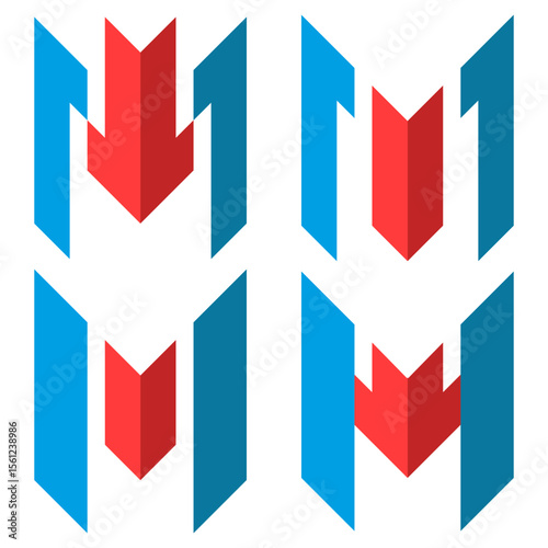 Set of abstract letter M logo with upward and downward arrows reflecting financial growth, trading risks, market volatility, banking performance and investment movement in minimal 3d geometric style.