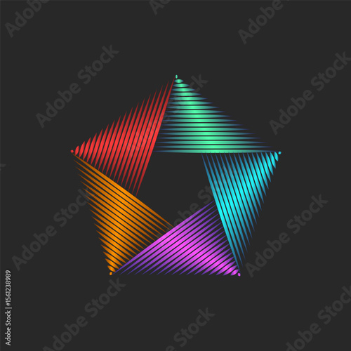 Pentagon logo abstract geometric vortex from glowing colorful stripes forming pentagonal shape on dark background, dynamic futuristic thin lines design, digital branding, web, creative visual identity