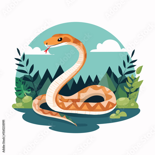 King Snake Flat Vector Illustration Featuring Serene Nature Elements.