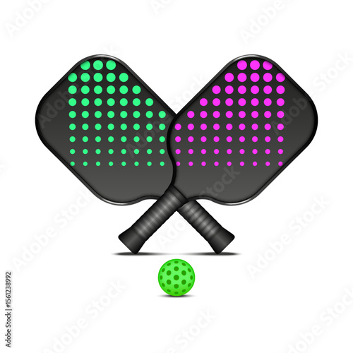 Crossed pickleball black rackets sports equipment with neon green and magenta dot patterns and green ball, isolated realistic 3d vector objects for active lifestyle, team game, paddle sports poster.