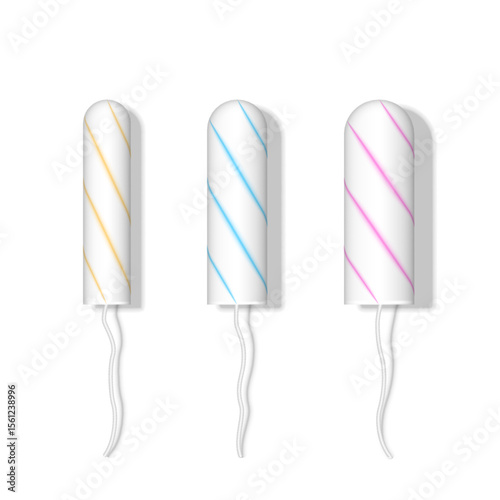 Three different tampon sizes top view isolated on white background realistic 3d vector illustration, color-coded spiral patterns for different absorbency levels, for feminine hygiene care.