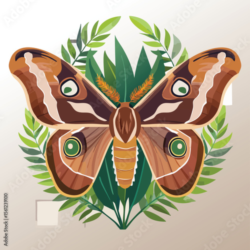 Atlas Moth Flat Vector Illustration Featuring Serene Nature Elements.