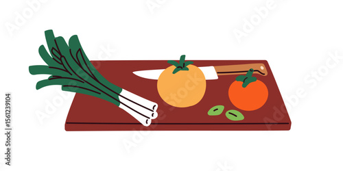Cutting board with fresh vegetables for food preparation, cooking. Tomato and scallion, spring onion, healthy ingredient, kitchen knife for salad. Flat vector illustration isolated on white background