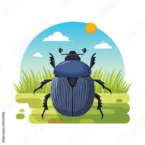 Dung Beetle Flat Vector Illustration Featuring Serene Nature Elements.
