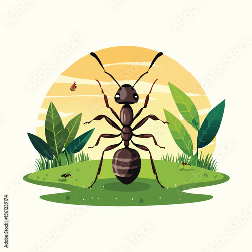Carpenter Ant Flat Vector Illustration Featuring Serene Nature Elements.