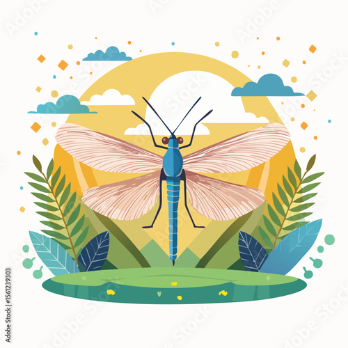 Mayfly Flat Vector Illustration Featuring Serene Nature Elements.