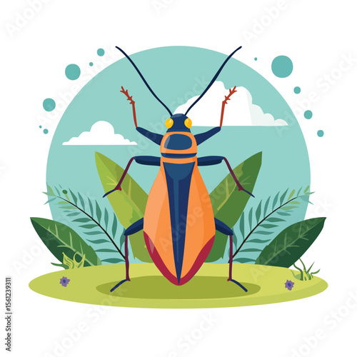 Assassin Bug Flat Vector Illustration Featuring Serene Nature Elements.