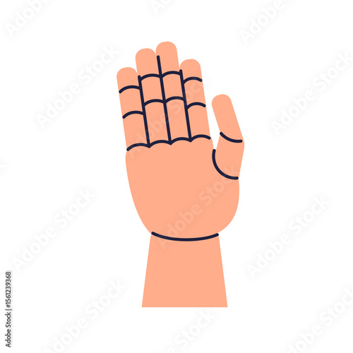 Wooden human hand, artificial mannequin with wood fingers, joints and palm model. Anatomy drawing reference, manikin tool for art study. Flat vector illustration isolated on white background