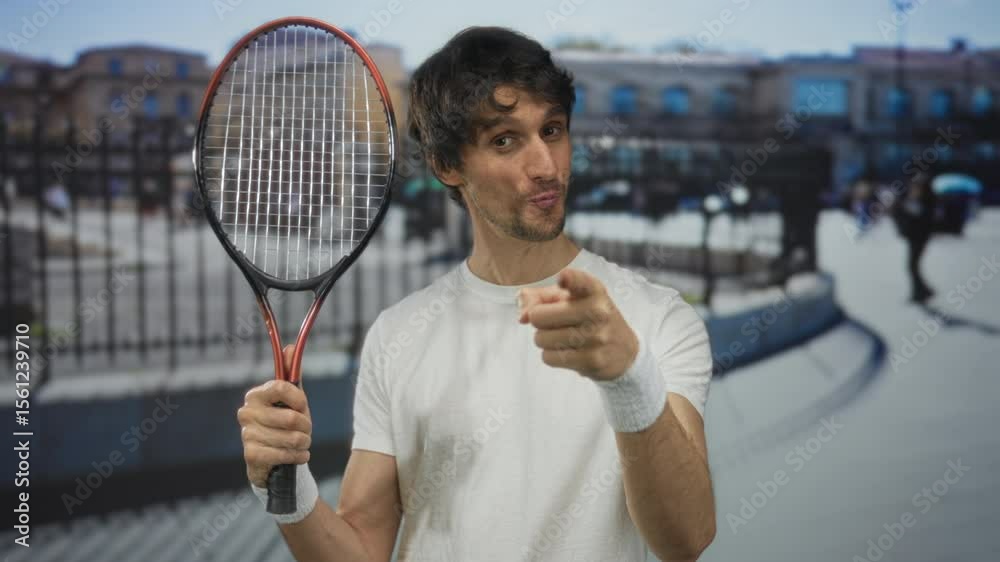 Young man smiling and holding a tennis racket with finger pointing to camera on a busy city street; confidence.