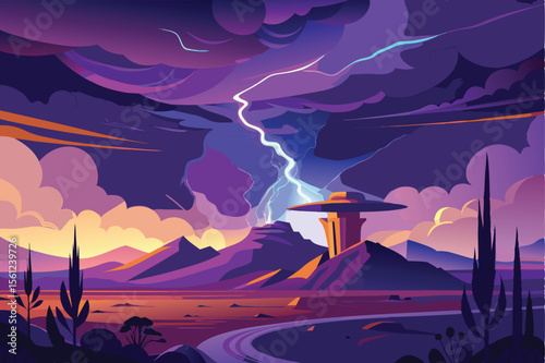 Stormy Desert Landscape with Lightning Strike and Mysterious Structure A Digital Painting