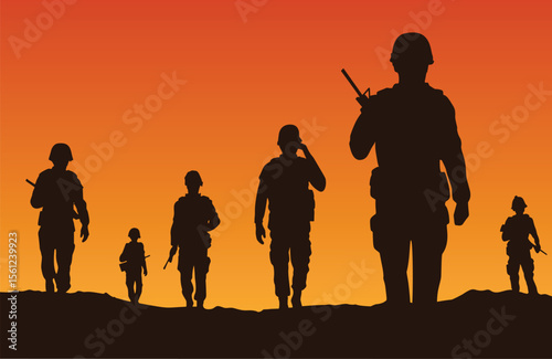 Silhouettes of soldiers walking during sunset military mission