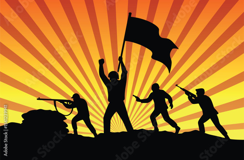 Silhouette of soldiers raising flag in battle with dramatic sunset background