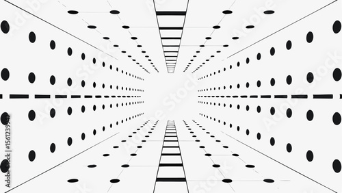 Perspective view of a white corridor with black dots and lines receding into the distance to a bright end